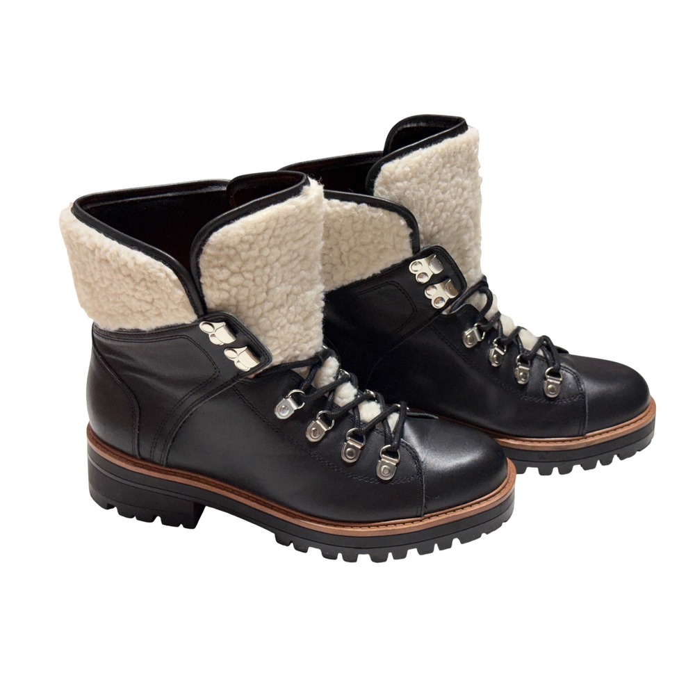Marc Fisher Izzie Black Leather Shearling Lug Sole Combat Hiking Boots Women 8.5